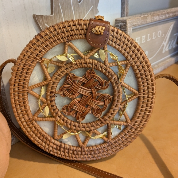 Round Rattan Shoulders Handbags Natural Chic Hand Tropical Beach Leather straps - Picture 4 of 4